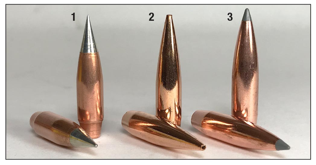 Bullets used in handloads include the (1) Northern Precision 174-grain ULD, (2) Berger 185-grain Hybrid Target and  the (3) Nosler 190-grain AccuBond Long Range.